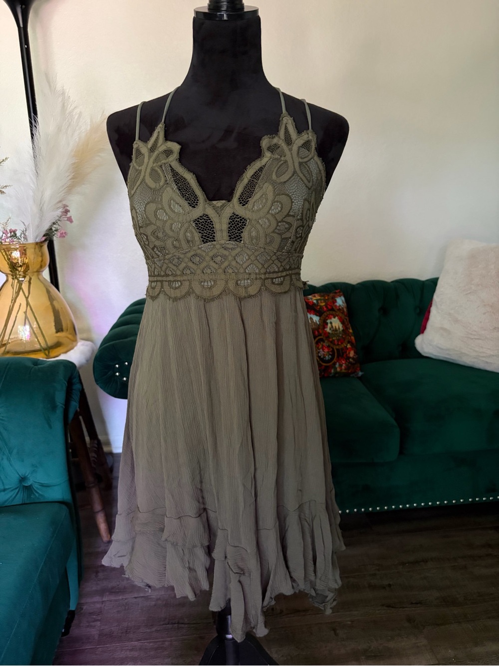 Free People Olive Green Lace Bodice Midi Dress